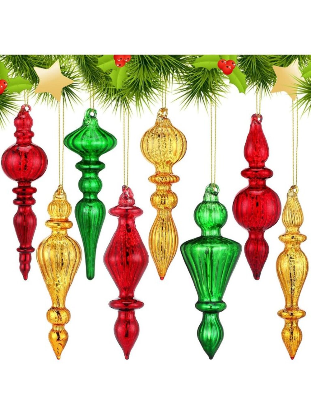 8 Pcs 6" Mercury Glass Finial Christmas Ornaments - Red, Gold & Green Decor